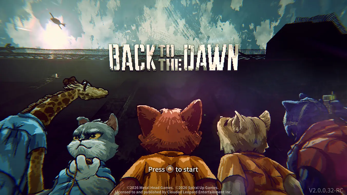 Screenshot of the title screen for the video game Back to the Dawn featuring five pixel-art anthropomorphic animal characters looking up at a tall prison wall topped with barbed wire under a cloudy sky.