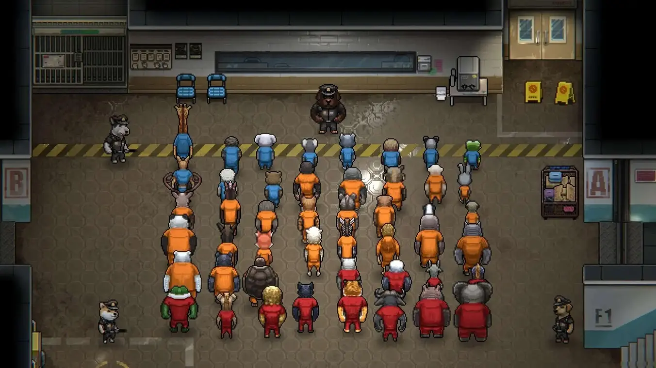 Screenshot from Back to the Dawn showing a large group of anthropomorphic animal prisoners standing in rows during roll call. They are wearing color-coded jumpsuits (blue, orange, and red) and facing a large dog prison guard, with several other dog guards stationed around the room.