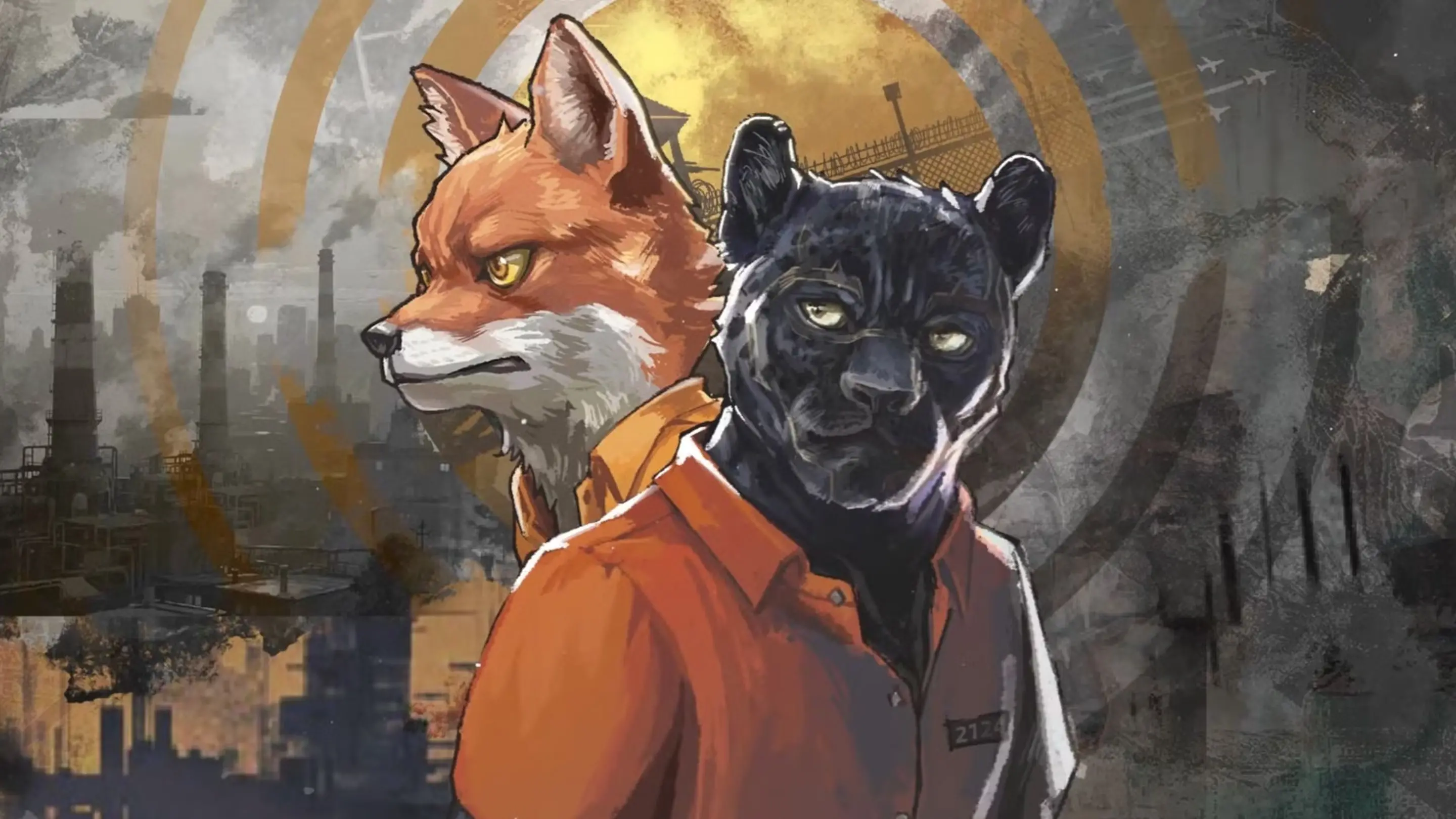 Promotional artwork for Back to the Dawn featuring a close-up of two anthropomorphic animal characters standing back-to-back in orange prison uniforms: a determined orange fox looking to the left and a black panther looking forward. The background is a stylized, textured collage displaying a barbed-wire prison fence, industrial smokestacks, and a city silhouette.