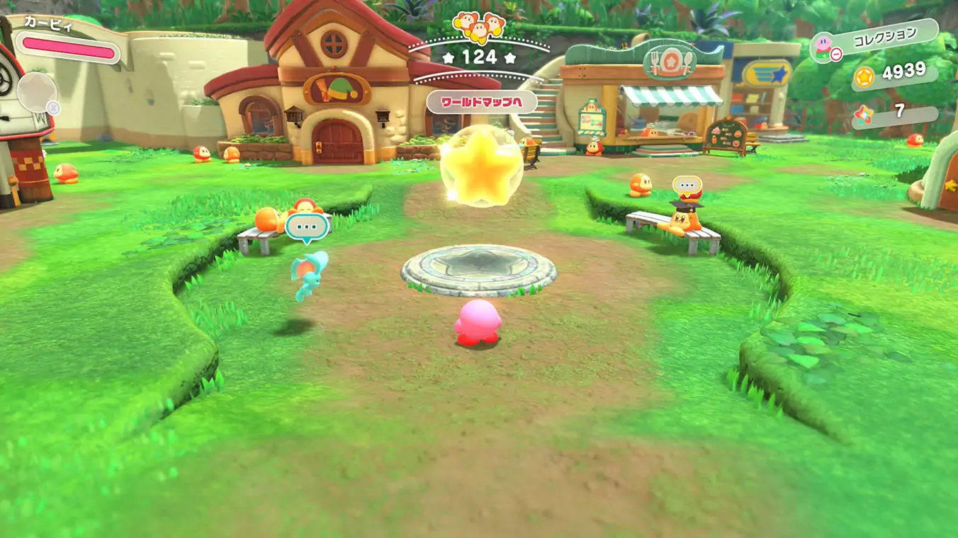 A gameplay screenshot from a behind-the-back view in Waddle Dee Town. The pink character Kirby stands in a grassy courtyard facing a glowing, floating gold Warp Star, with small orange Waddle Dees sitting on benches nearby.