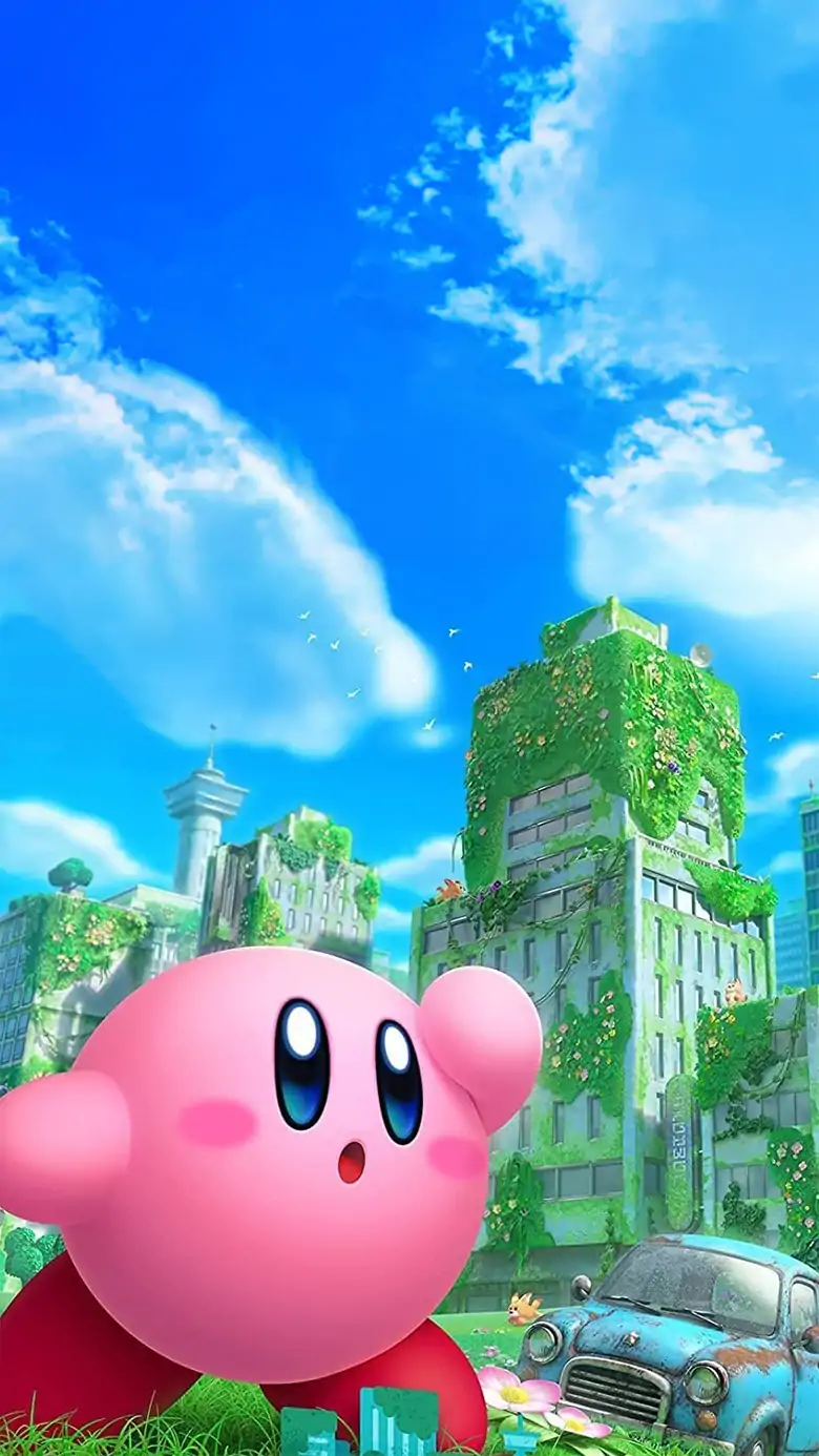 Promotional key art for Kirby and the Forgotten Land showing a large, vibrant pink Kirby standing in a grassy meadow filled with colorful flowers. Next to Kirby is a rusted, old-fashioned blue car, with a vast skyline of overgrown, abandoned skyscrapers towering in the background under a sunny sky.