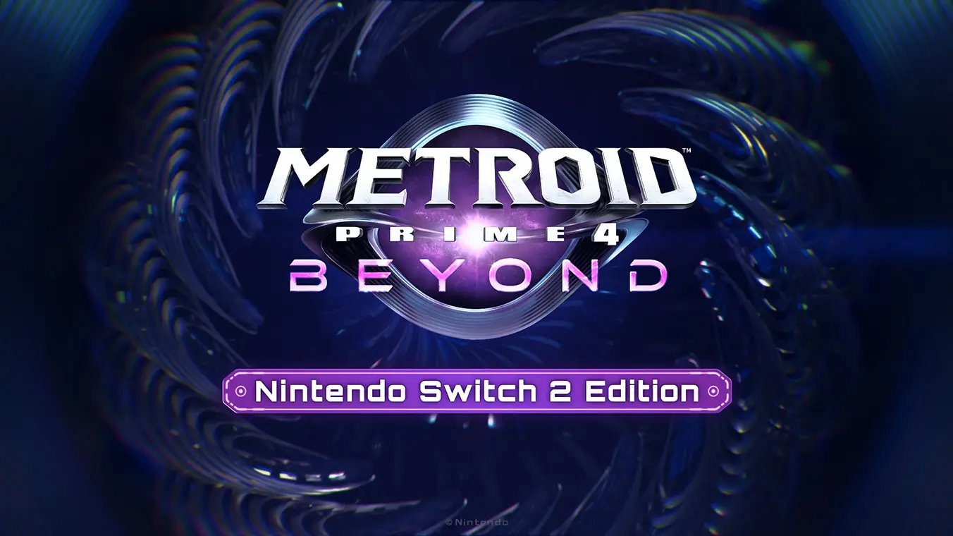 The logo screen for Metroid Prime 4: Beyond displayed in metallic white and glowing pink text over a dark, swirling cosmic background. A purple banner near the bottom reads Nintendo Switch 2 Edition.