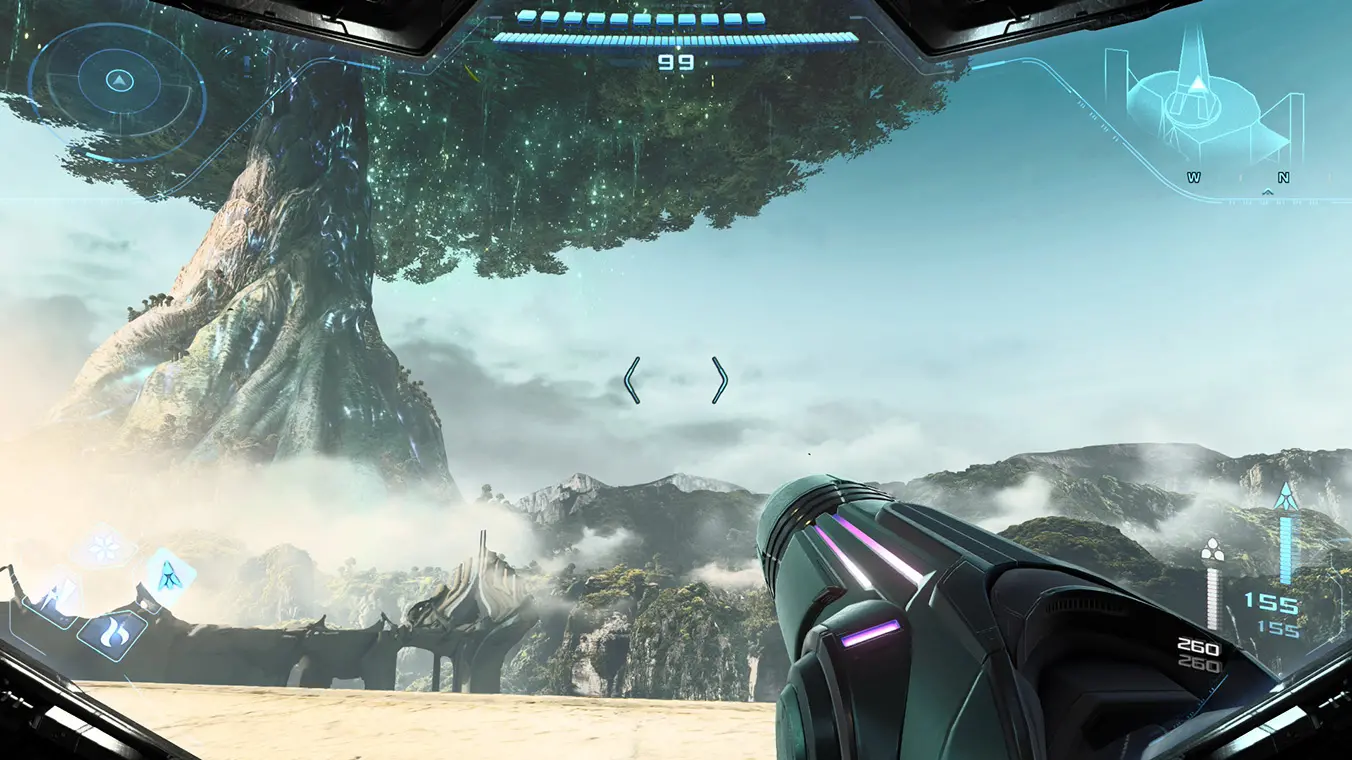 Screenshot from Metroid Prime 4 showing Samus's arm cannon in the lower right foreground. The player is looking out at a vast, mountainous alien landscape dominated by a massive, bioluminescent tree on the left, under a blue heads-up display (HUD) framing the visor's view.