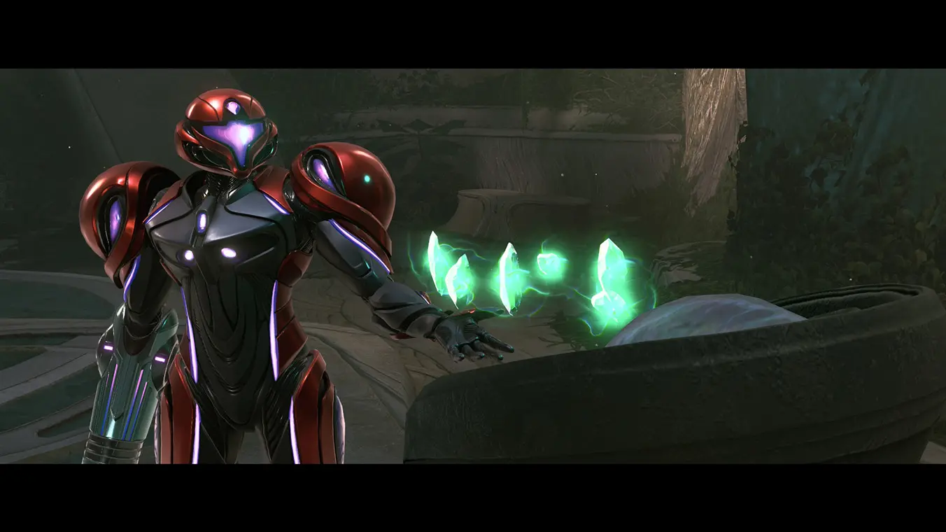 Cinematic screenshot from Metroid Prime 4 showing Samus Aran in her metallic red and black armor. She extends an open hand over a dark basin, with glowing green crystal fragments floating and crackling with energy above her palm.
