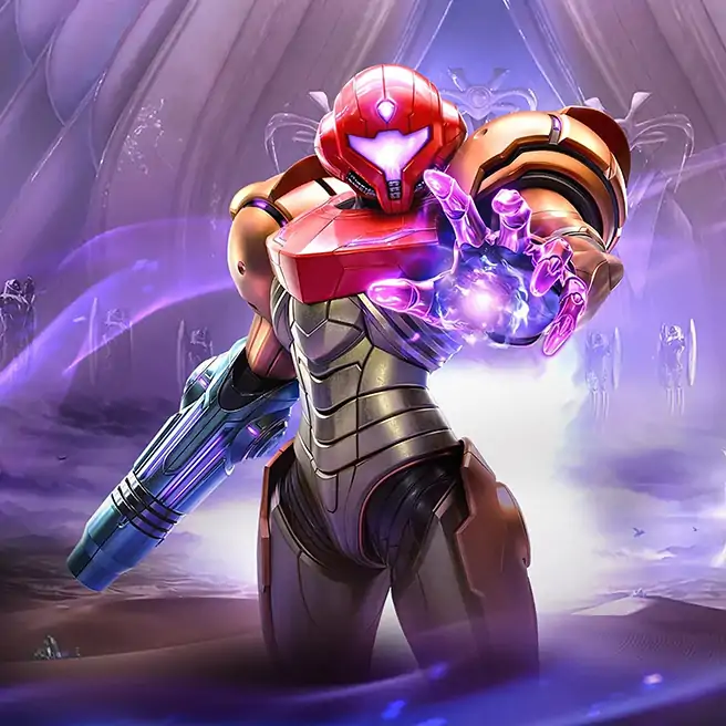 Promotional artwork for Metroid Prime 4: Beyond featuring Samus Aran in her iconic Power Suit, reaching out with an open hand glowing with purple energy. She holds her arm cannon at her side against a background of a purple-hued landscape, featuring massive architectural structures and rows of distant statues under a cloudy sky.