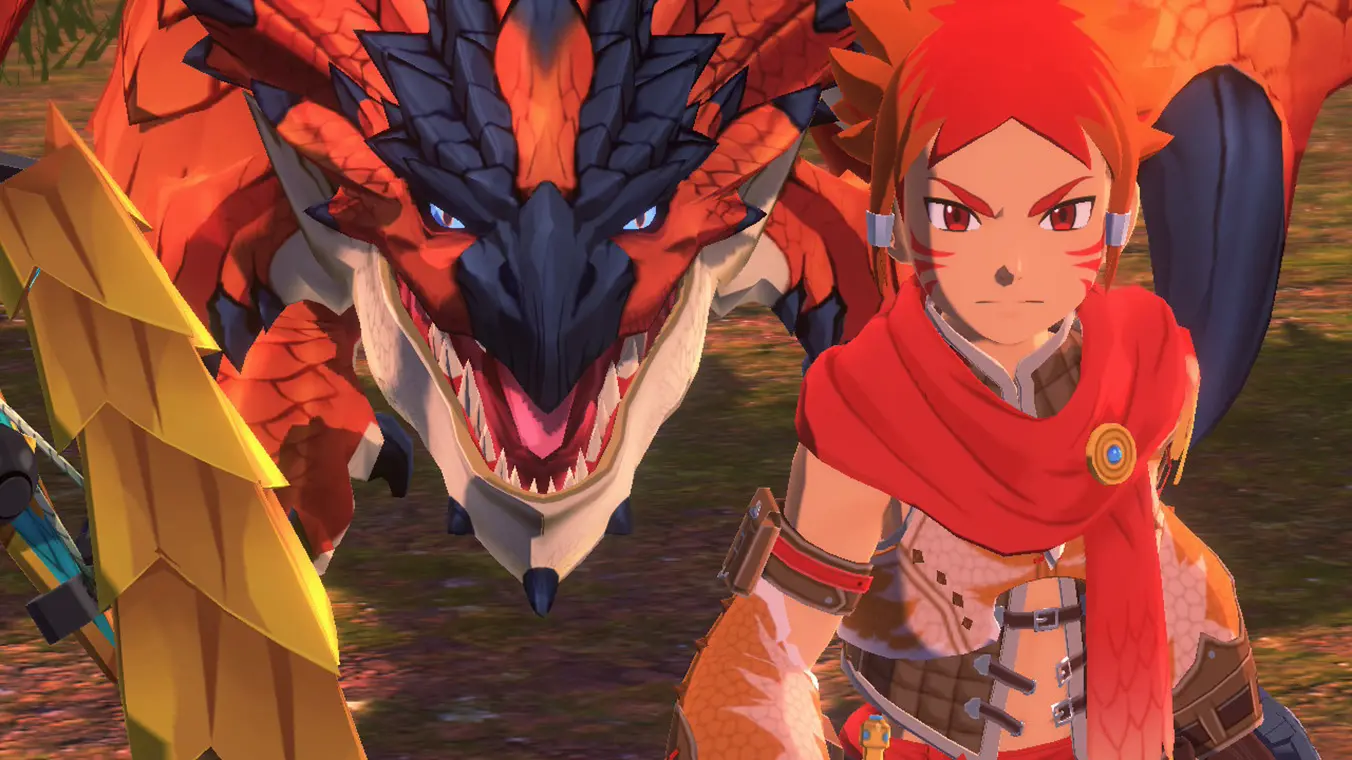 An anime-style close-up screenshot showing a red-haired male Rider character looking determinedly forward with a large, orange and black dragon-like monster (Ratha the Rathalos) snarling right behind him.