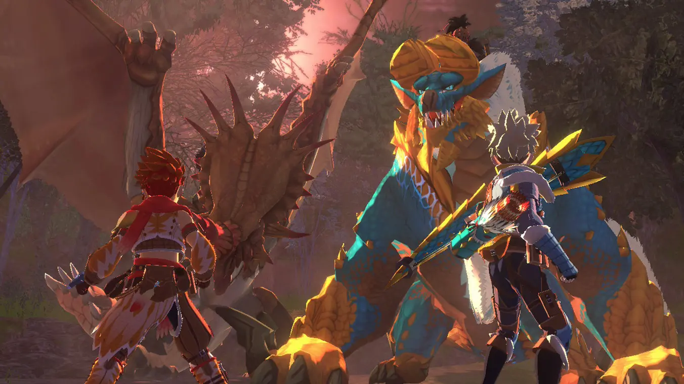 A dramatic gameplay cinematic screenshot from behind two Rider characters facing down two massive monsters in a forest area: a brown, spiky dragon on the left and a large, blue-furred, fanged beast on the right.