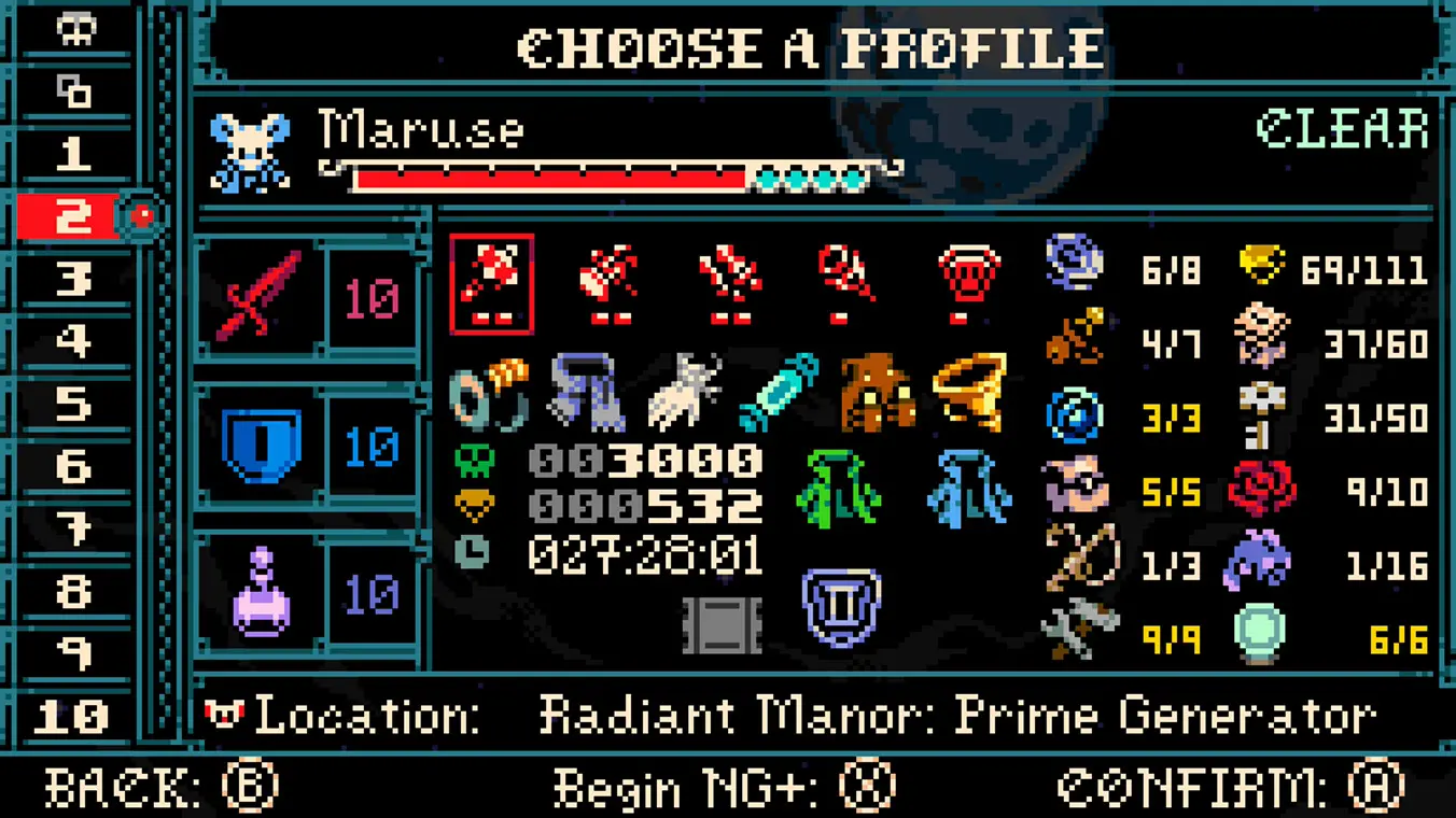 A retro Game Boy Color-style, top-down pixel art gameplay screenshot of Mina the Hollower. The white mouse protagonist, Mina, stands on a tiled stone path in front of an iron fence. In the background, a gothic building and a tower topped with a glowing green orb are visible against a dark forest at night.