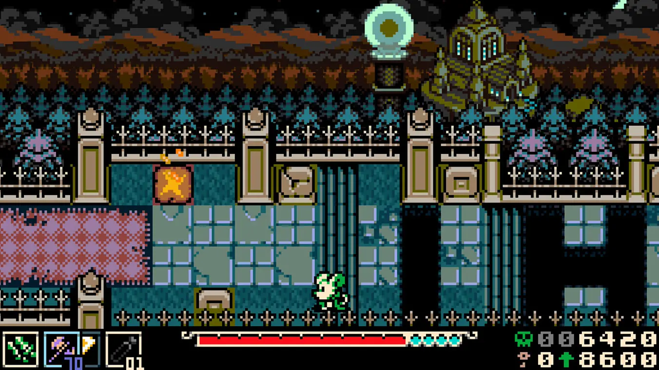 A 2D pixel art cinematic cutscene screenshot showing an anthropomorphic animal character in a green cloak standing on a pink cliffside, looking toward a massive, mechanical floating observatory structure under a dark, starry night sky.