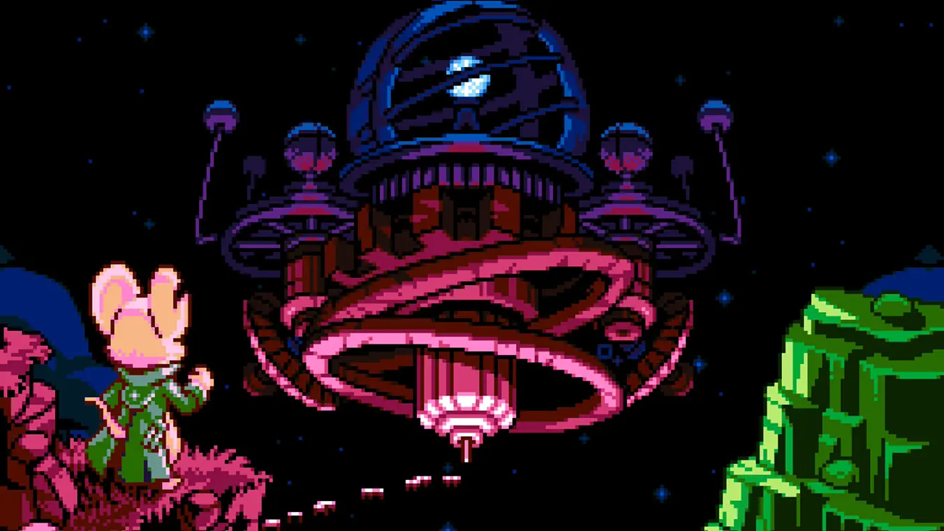 A retro, top-down pixel art gameplay screenshot set in a snow-covered area labeled Frigid Station. The white mouse protagonist is seen near the top left, while a walking snowman enemy and another green rabbit creature occupy a snowy pathway lined with icicles and purple-rimmed structures.