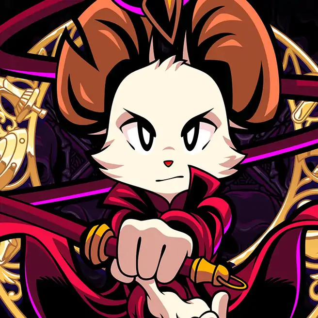 Promotional artwork for Mina the Hollower, featuring a close-up of the white mouse protagonist, Mina, wielding a long, sweeping whip with a fierce expression. She stands in front of a golden circular crest against a dark purple background patterned with stylized gargoyle skulls.