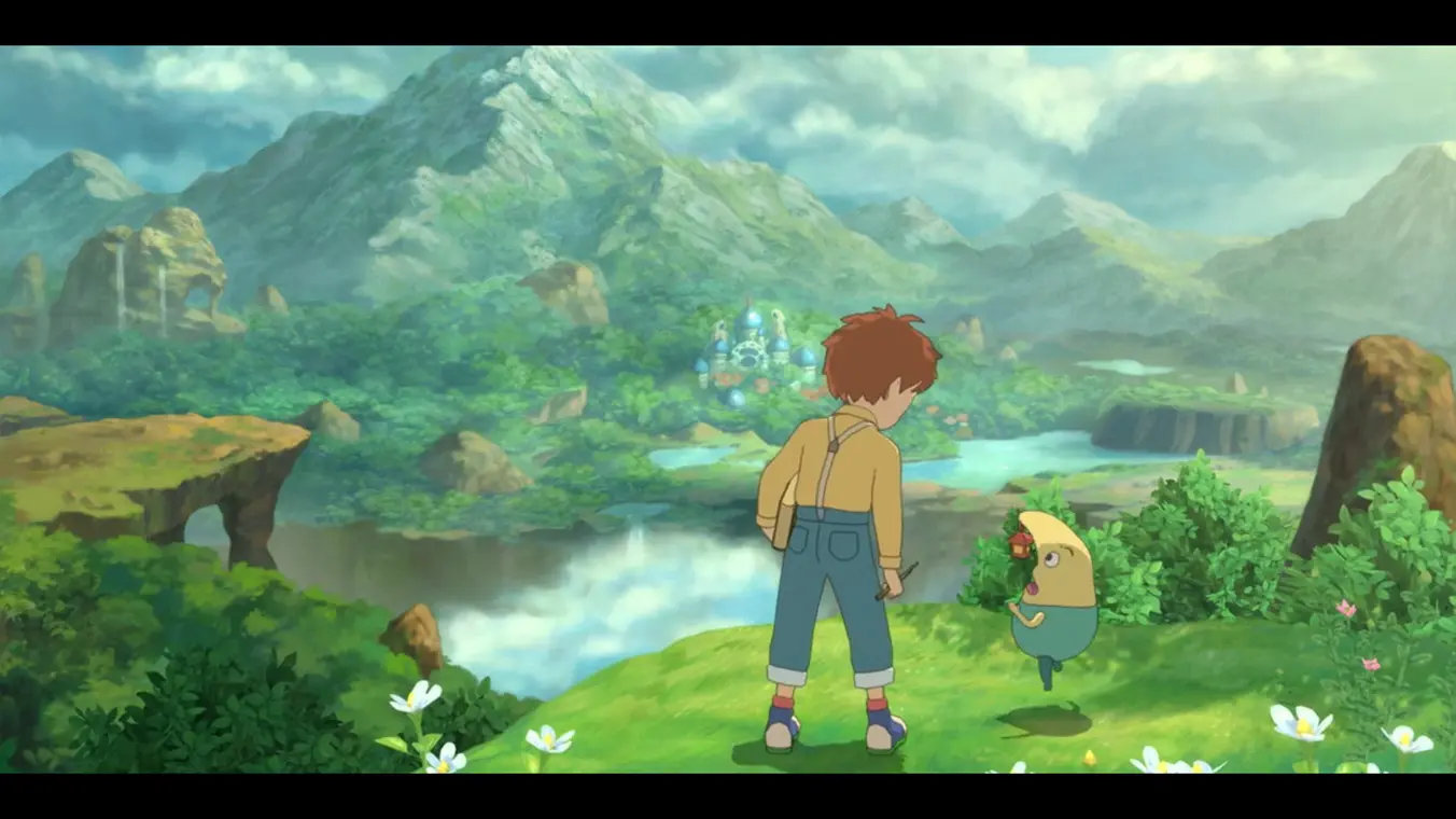 Cinematic screenshot of a young boy (Oliver) and his small, lantern-nosed fairy companion standing on a grassy cliff edge, looking out over a vast, lush mountain valley and a distant castle.