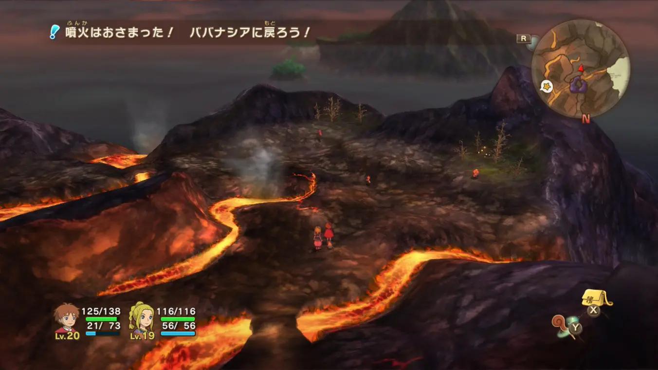 A high-angle gameplay screenshot showing two small characters exploring a dark, rocky volcanic landscape intersected by glowing orange lava rivers, with user interface elements like health bars and a minimap visible.