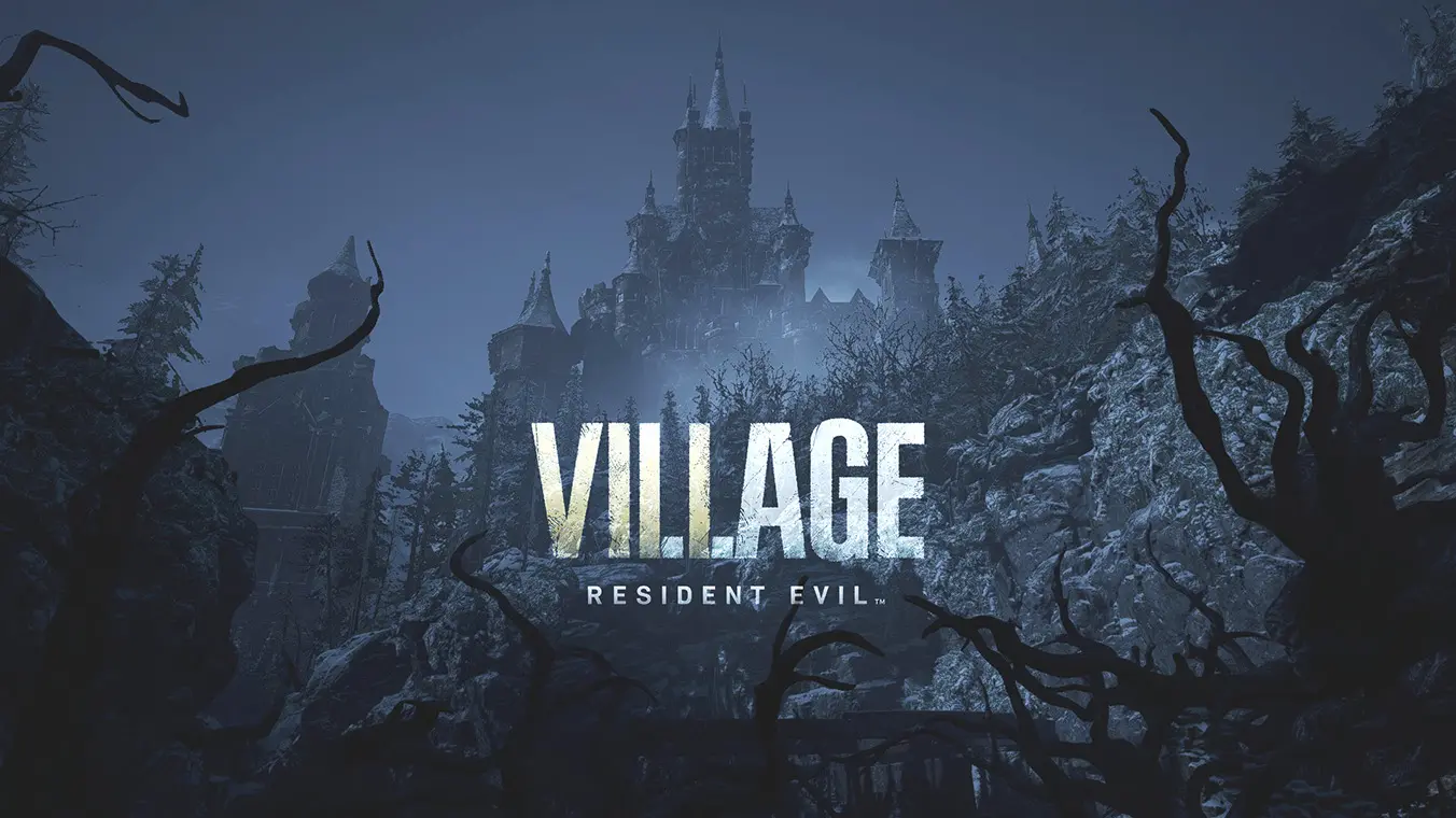 Title screenshot showing a dark, atmospheric scene showing a massive medieval gothic castle looming over a snowy mountain landscape at night. Twisted, leafless tree branches frame the foreground, and the game title text VILLAGE RESIDENT EVIL is centered in white.
