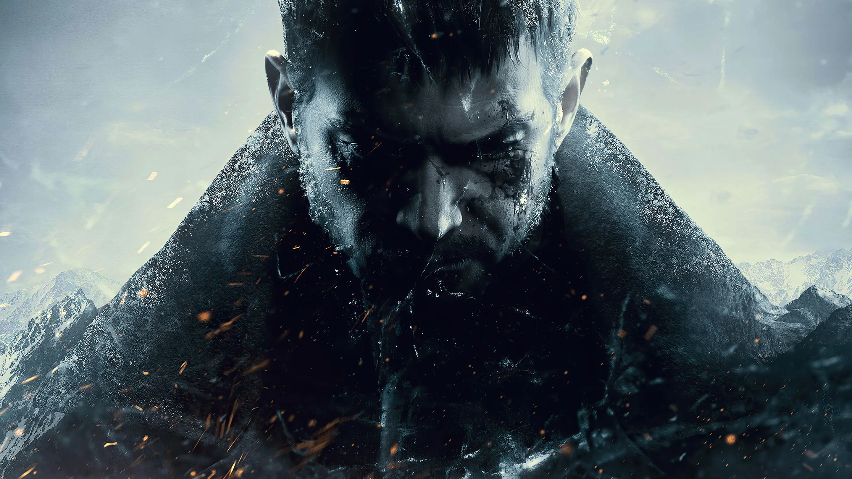 Promotional key art from Resident Evil Village, showing a dramatic, close-up portrait of Chris Redfield looking downward with a stern expression. His face is heavily shadowed, and the background features rugged, snow-capped mountains under a bleak sky with sparks drifting in the air.