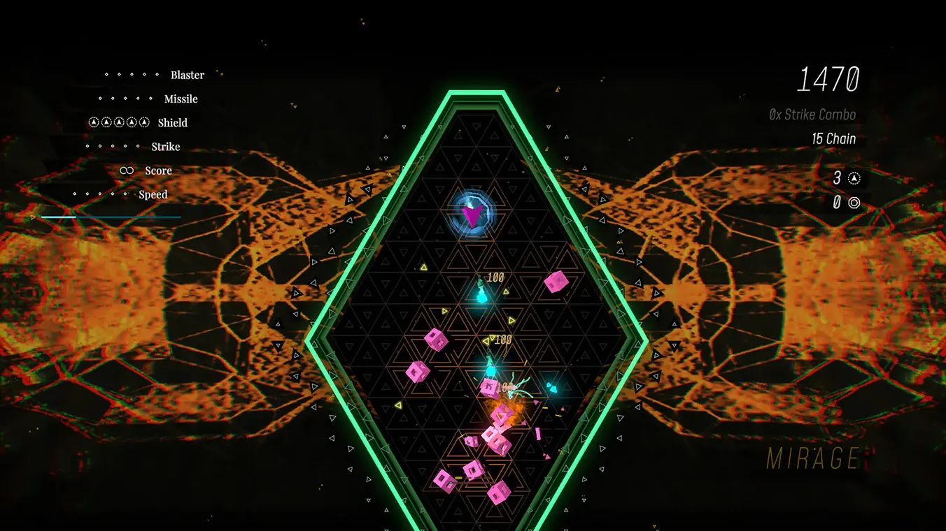 A gameplay screenshot of a neon shoot-'em-up game set within a vertical diamond-shaped board glowing with a bright green border. A small purple triangular ship fires cyan projectiles at scattering pink 3D cube enemies over a black triangular grid.