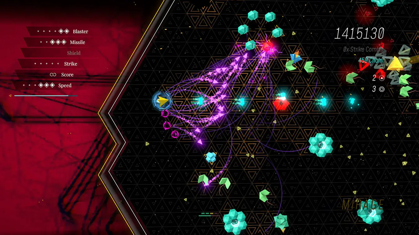 An action-heavy gameplay screenshot showing a yellow triangular ship on the left unleashing a massive fan of purple laser paths across a dark triangular grid. Bright blue and teal geometric enemies cluster on the right side under a high score counter.
