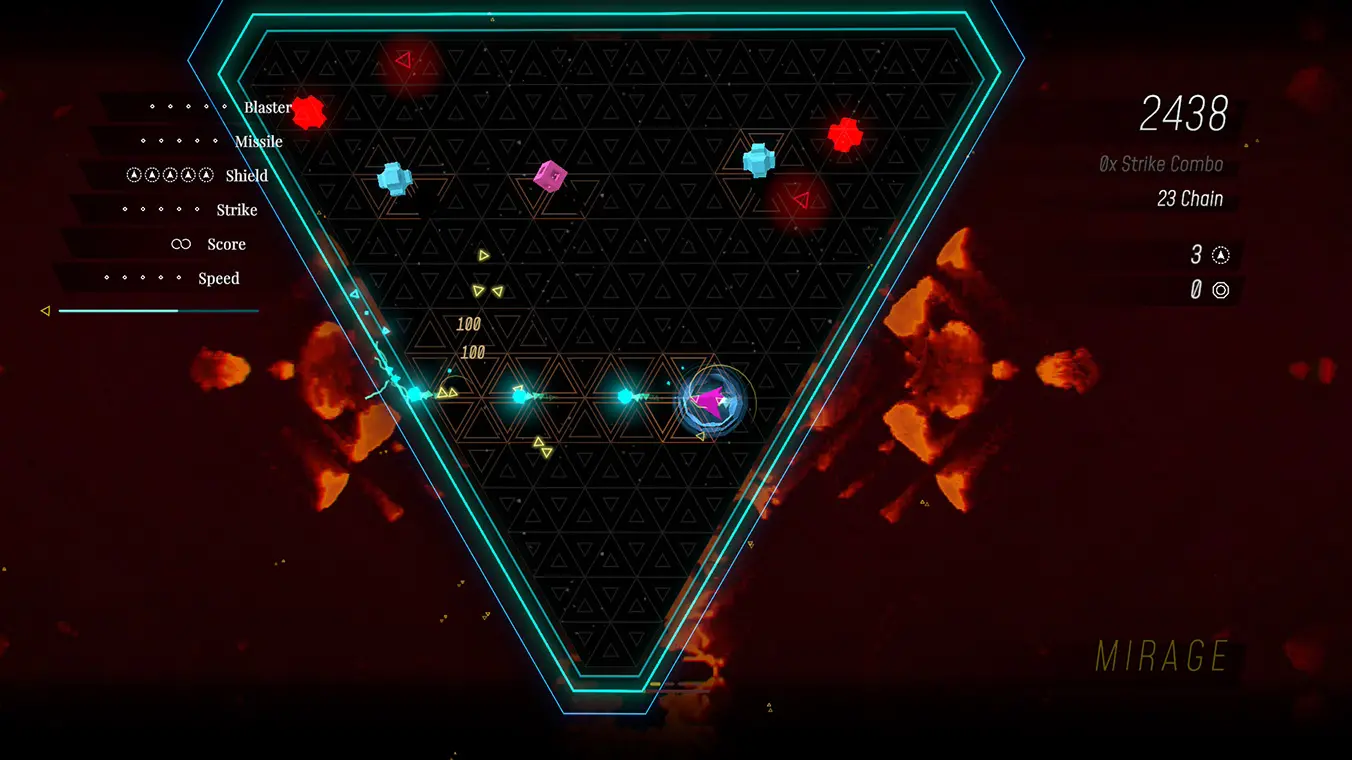 A gameplay screenshot featuring an inverted triangle-shaped board with a glowing cyan border. A pink player ship is positioned near the bottom, shooting a horizontal beam of light across the grid to destroy scattered red and blue geometric shapes.