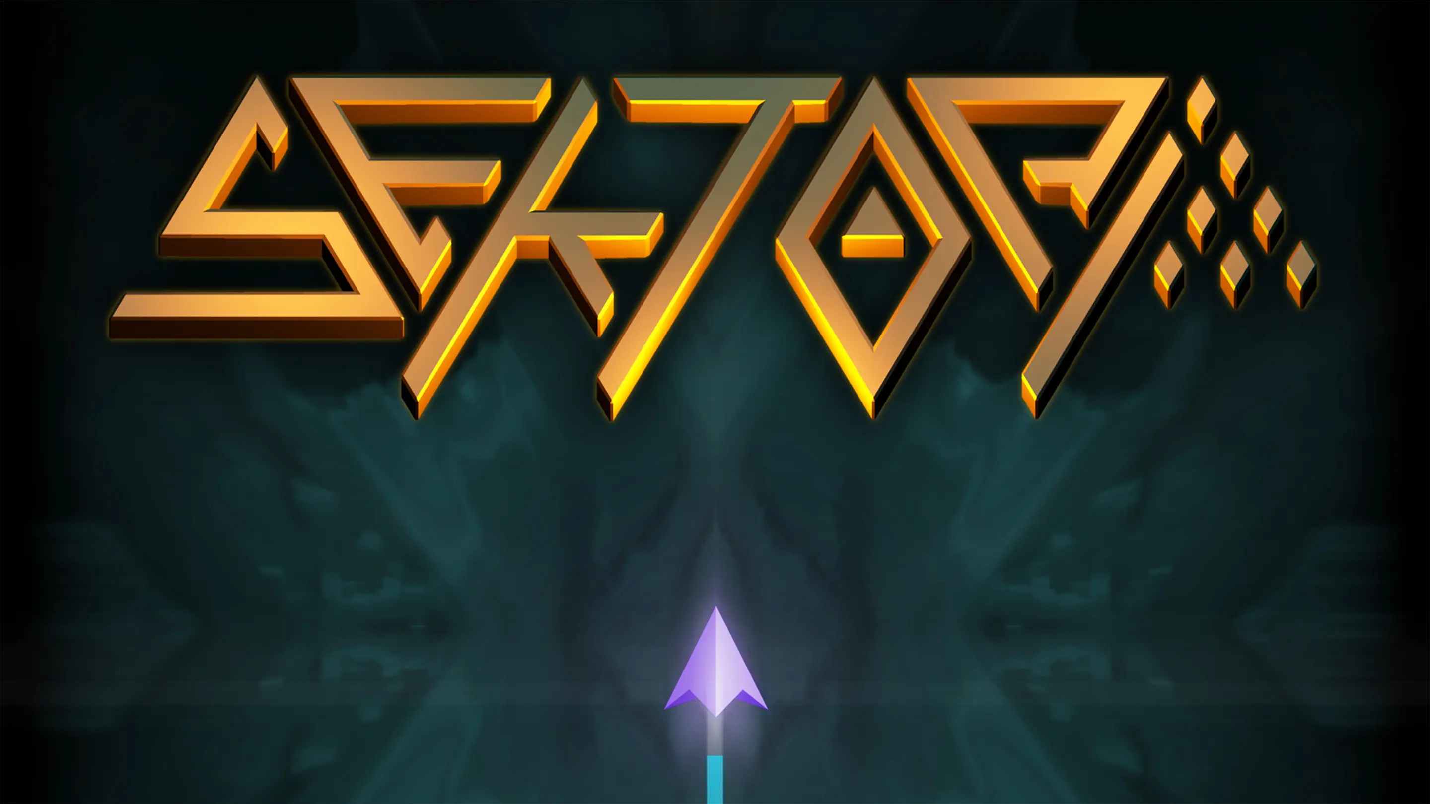 Title artwork for the game Sektori, featuring the stylized, metallic gold logo text SEKTORI against a dark, smoky teal background. A single purple triangular player ship points upward from the bottom center toward the logo.