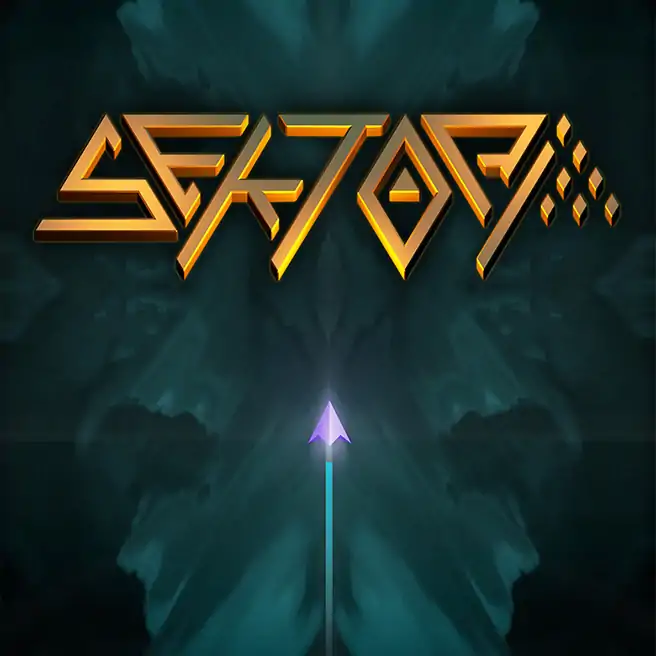 Title artwork for the game Sektori, featuring the stylized, metallic gold logo text SEKTORI against a dark, smoky teal background. A single purple triangular player ship points upward from the bottom center toward the logo.