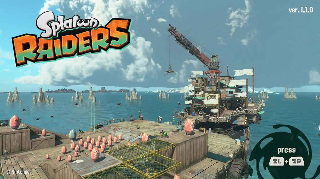 The main title screen displaying the logo Splatoon Raiders over a scenic view of a wooden ocean oil-rig-style platform with a large crane under a bright cloudy sky.