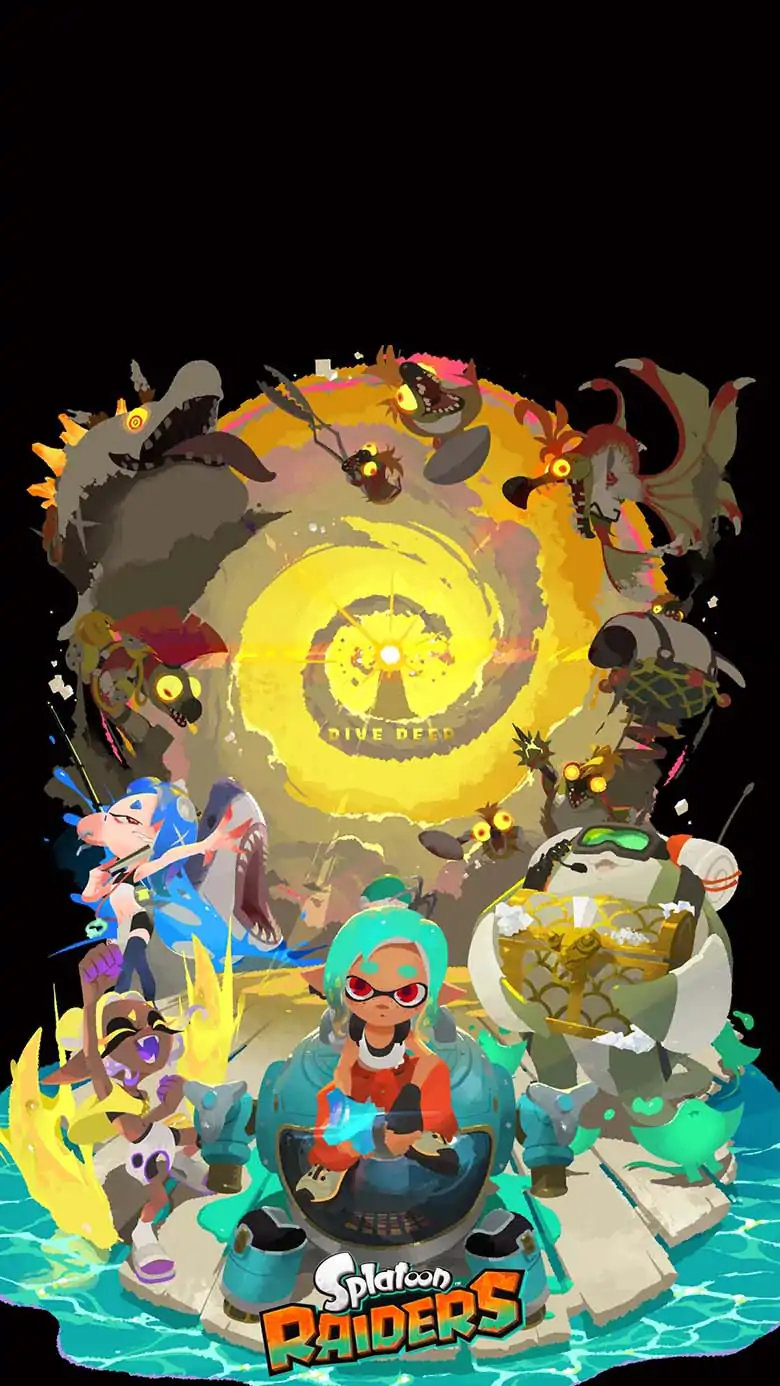 Vibrant promotional artwork for Splatoon Raiders featuring a turquoise-haired Inkling surrounded by the members of Deep Cut: Shiver, Frye, and Big Man.