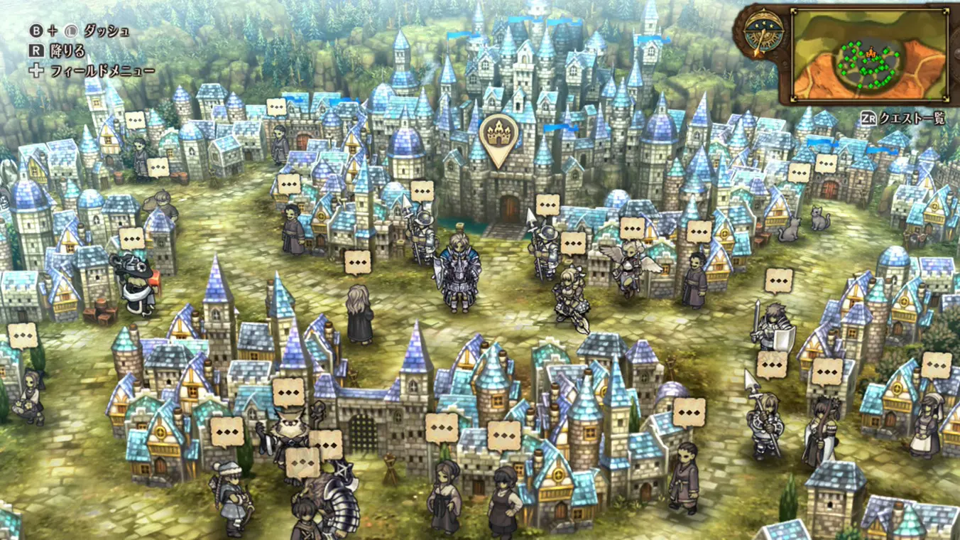 A tactical RPG overworld gameplay screenshot showing a heavily populated town filled with blue-roofed medieval houses and a large central castle. Numerous tiny character sprites walk the cobblotic streets, each with an empty text bubble floating above their head.