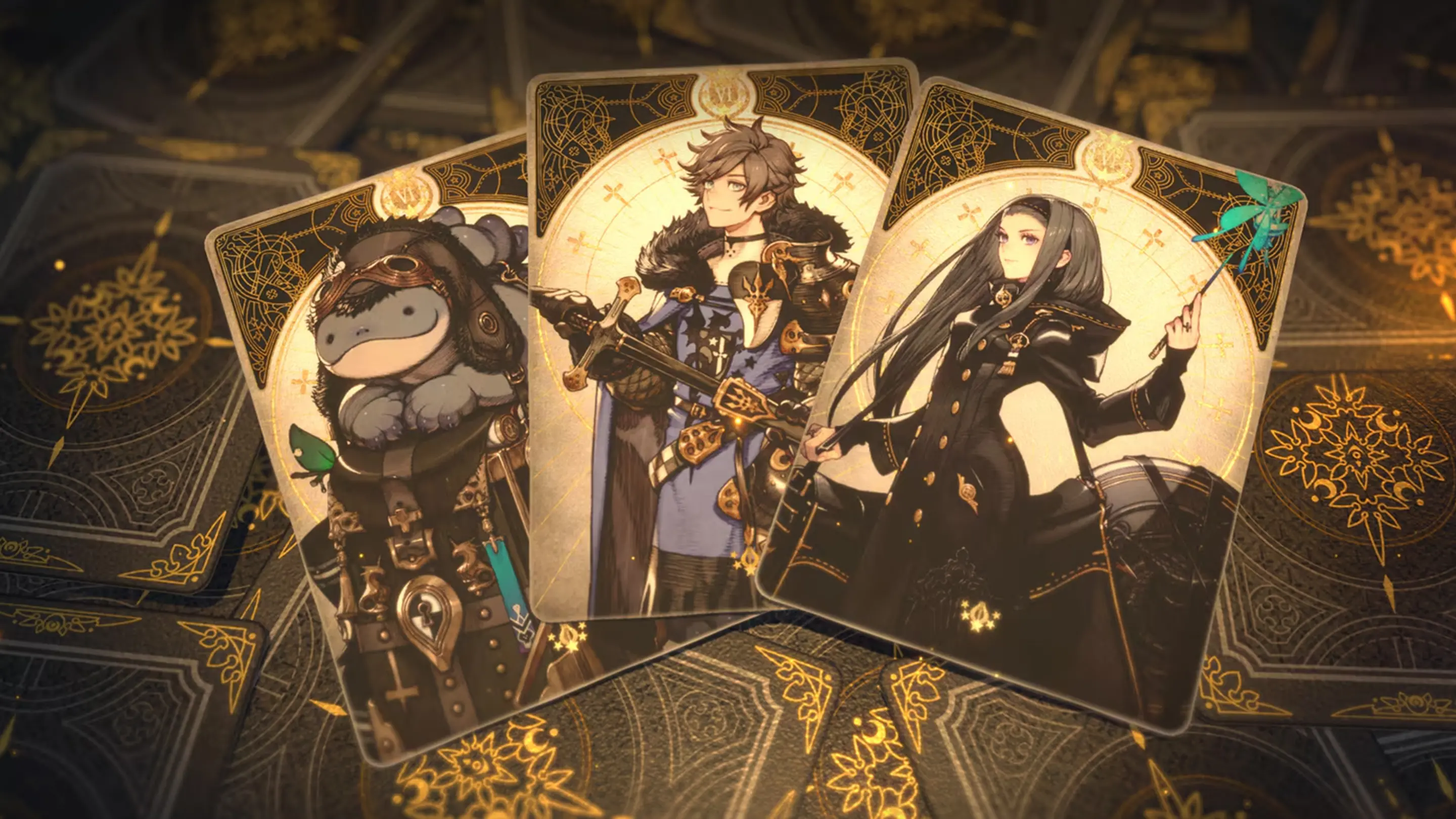 Promotional artwork for Voice of Cards: The Isle of Dragon Roars, featuring three illustrated character cards fanned out on top of a pile of face-down cards with ornate gold-and-black patterns. The cards depict a round, goggled monster plush creature, a smiling young male swordsman, and a dark-haired sorceress holding a glowing wand.