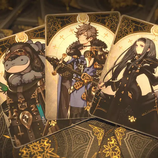 Promotional artwork for Voice of Cards: The Isle of Dragon Roars, featuring three illustrated character cards fanned out on top of a pile of face-down cards with ornate gold-and-black patterns. The cards depict a round, goggled monster plush creature, a smiling young male swordsman, and a dark-haired sorceress holding a glowing wand.