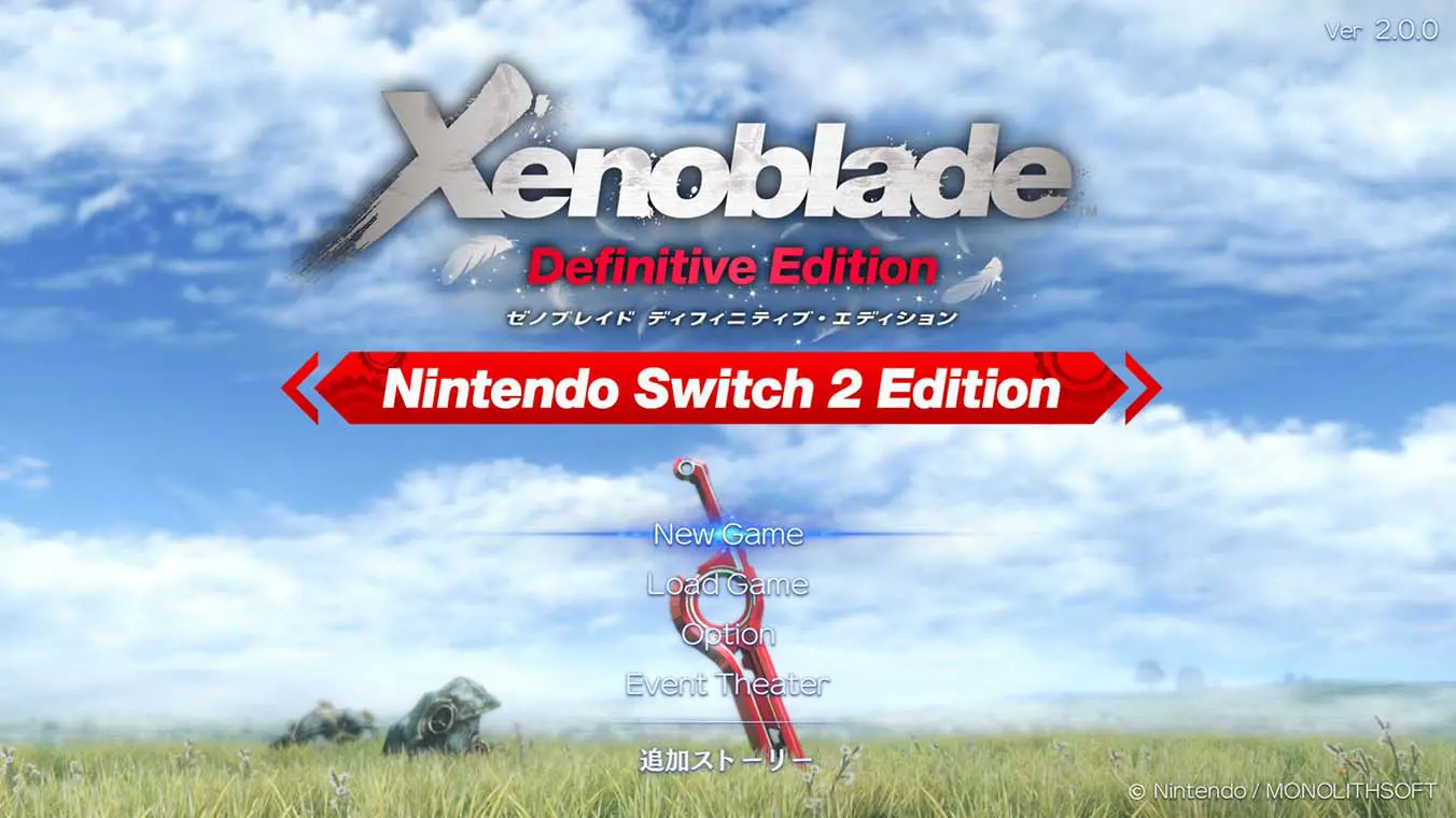 A game title screen set against a grassy field and cloudy sky, featuring the logo Xenoblade Definitive Edition above a bright red banner that reads Nintendo Switch 2 Edition. A vertical menu listing options like New Game and Load Game sits over a faint image of a red sword.