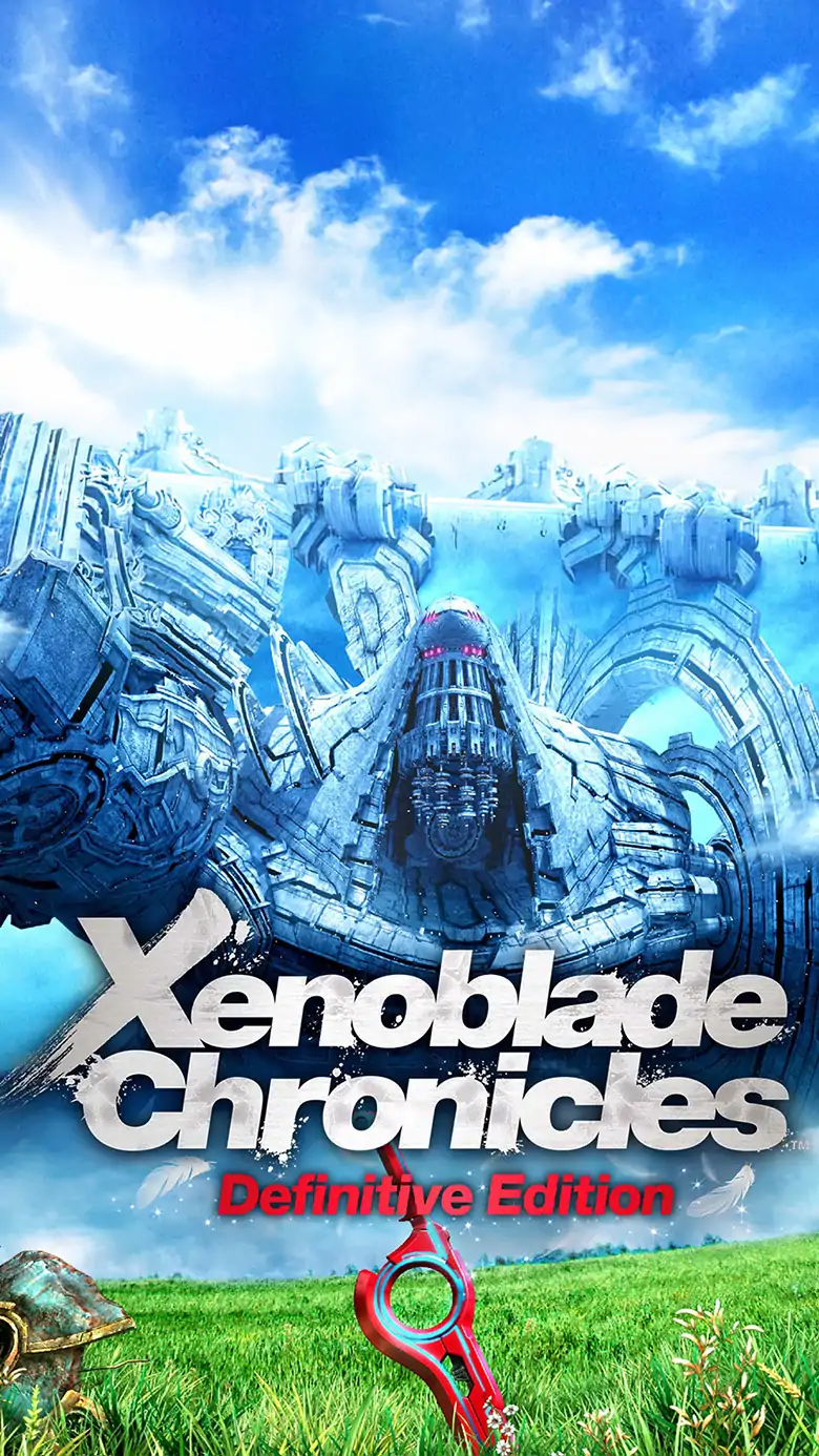Promotional key art for Xenoblade Chronicles Definitive Edition showing a vibrant green grassy field under a bright blue sky. A distinct red sword is stabbed into the ground in the foreground, while the colossal, metallic Mechonis titan towers in the distance.