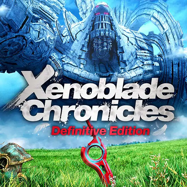 Promotional key art for Xenoblade Chronicles Definitive Edition showing a vibrant green grassy field under a bright blue sky. A distinct red sword is stabbed into the ground in the foreground, while the colossal, metallic Mechonis titan towers in the distance.